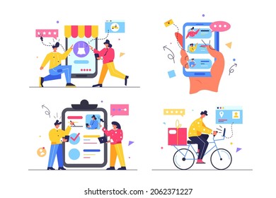 Ilustración del perfil de tasa o del vector de producto en línea. Explorar perfiles de personas, reunir información de estilo plano. Concepto de progreso del mundo digital