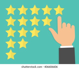 Rate review and feedback concept. Hand with pointing finger pointing to five star rating, Flat design