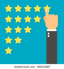 Rate review and feedback concept. Hand with pointing finger pointing to five star rating, Flat design