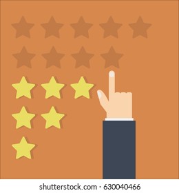 Rate review and feedback concept. Hand with pointing finger pointing to five star rating, Flat design