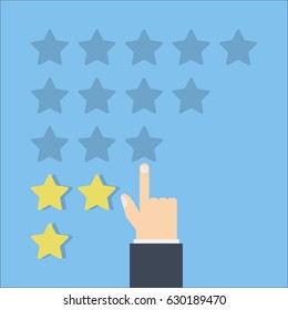 Rate review and feedback concept. Hand with pointing finger pointing to five star rating, Flat design
