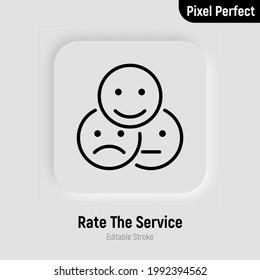 Rate the service, feedback, customer experience thin line icon. Positive, negative, neutral face. Pixel perfect, editable stroke. Vector illustration.