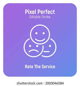 Raten Sie den Service, Feedback, Kundenerlebnis Thin Line Icon. Positives, negatives, neutrales Gesicht. Pixel perfekt, bearbeitbarer Strich. Vektorgrafik.