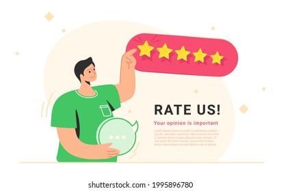 Rate us for 5 stars consumer review. Flat vector illustration of smiling man standing alone, holding a speech bubble in his hand and pointing to five stars as a rating result. User rating or feedback