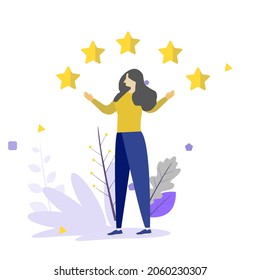 Rate us for 5 stars consumer review. Flat vector illustration of smiling man standing alone, holding a speech bubble in his hand and pointing to five stars as a rating result. User rating or feedback