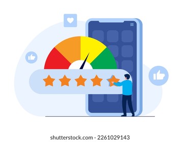 Rate us for 5 stars consumer review, pointing to five stars as a rating result, user rating or feedback. Flat vector illustration banner