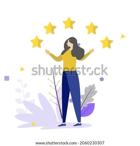 Rate us for 5 stars consumer review. Flat vector illustration of smiling man standing alone, holding a speech bubble in his hand and pointing to five stars as a rating result. User rating or feedback