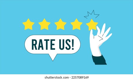 Rate Us banner template. Human hand holding fifth star. Positive review. Rating system. Ad, marketing, and promotion. Vector illustration.