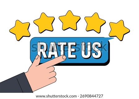Rate us graphic displays five gold stars above a blue speech bubble with the words "Rate Us" as a hand points towards it suggesting a call to action for customers to provide feedback and improve busi