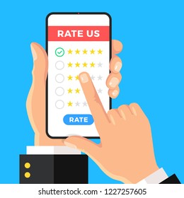 Rate us. Hand holding smartphone with rating stars and checkboxes on screen. Green check mark near five stars. Rate our app, online survey, customer review. Modern flat design. Vector illustration