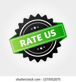 Rate us label, stamp on white background. Vector stock illustration.