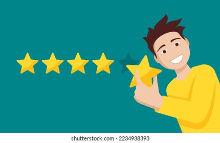 Rate Us motivation - smiling person holding fifth star and collecting into positive feedback - best satisfaction level and critic concept