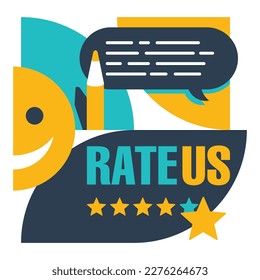 Rate Us motivation square banner - leave feedback, review and thumbs up - best satisfaction level and critic concept. Five stars rating