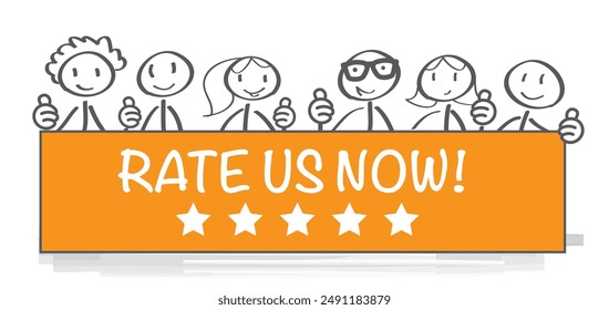 Rate us now - Employees hold banner - customer satisfaction evaluation