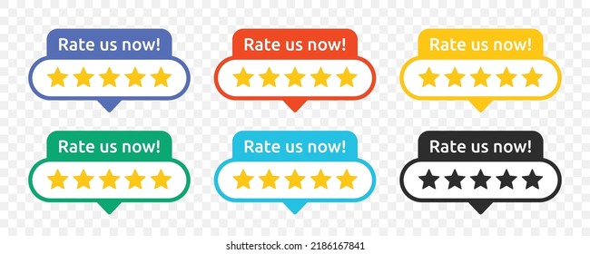 Rate us now sign vector set illustration. Customer satisfaction review with stars ratings label symbol.