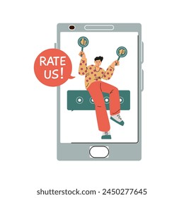 Rate us. Positive or negative feedback. Customer ask review and dislike or like rating. Cartoon man pointing thumb bad and good symbols in a speech bubble on smartphone screen vector illustration