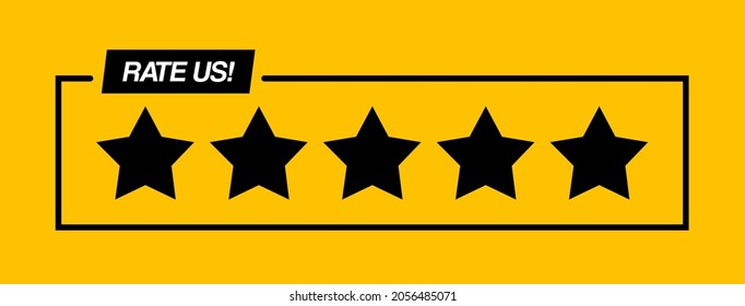 Rate us review concept. 5 stars with black colors isolated on yellow background. Review customer business concept.