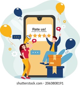 Rate us! Small people stars positive feedback creative isolated illustration for online shop delivery package