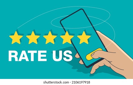 Rate us and Thank You for 5 stars feedback motivation - five rating stars collecting into positive feedback - best satisfaction level and critic concept. Flat Vector illustration