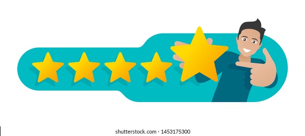 Rate us wiyh five stars - positive review concept - happy young man holds ranking star - isolated vector illustration