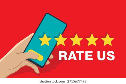 Rate Us and Write a Review, Thank You for five stars feedback motivation - five rating stars collecting into positive feedback - best satisfaction level and critic concept - flat color style vector