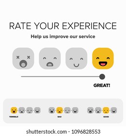 Rate Your Experience Help Us Improve Our Service Slider Scale with Happy to Sad Emoji Flat Style Vector Illustration