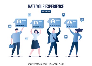 Rate your experience landing page web template. People holding messages with positive and negative reviews. Testimonials, customer feedback. Grading system. Clients rank. flat Vector illustration