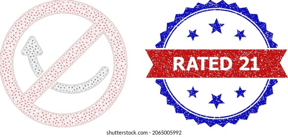 Rating 21 schmutzige Stempeldichtung und verbotene Rotation Symbol-Maschenstruktur. Rot-blaues Bicolor-Siegel enthält Rated 21 Tag in Band und Rosette. Abstrakte Flachmaschen ohne Rotation,