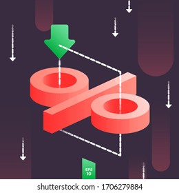 Rates cut concept with 3d percent icon and arrow fallind down. Low cost in financial system or interest rate on dark background. Cheap oil or petroleum crisis vector illustration. Price discount, sale