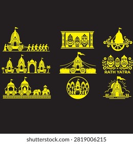 Rath Yatra Vector Icon Set featuring Lord Jagannathan, Chariot, Temple, Devotees, and Festival Motifs Silhouette
