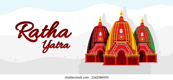 Ratha yatra festival A chariot with wooden deities of Jagannath, Baladeva and Subhadra. Holiday banner greeting card Vector 