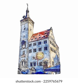 Rathaus wurzburg bayern watercolor hand drawn illustration isolated on white background