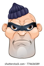 A rather mean looking tough thief or burglar criminal cartoon character wearing a mask and beanie hat