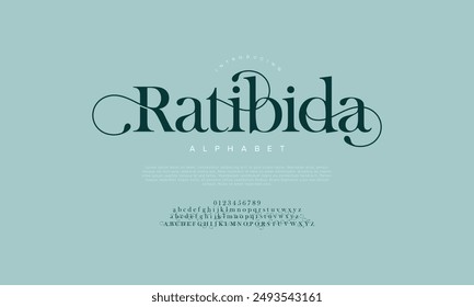 Ratibida swash luxury elegant alphabet letters and numbers. Vintage wedding typography classic serif font decorative vintage retro. creative vector illustration