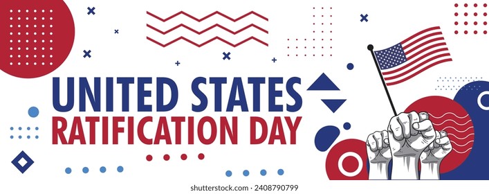 Ratification Day or United States Ratification Day banner with retro abstract geometric shapes, United States flag and map. blue and red colors scheme. Ratification Day. Vector Illustration