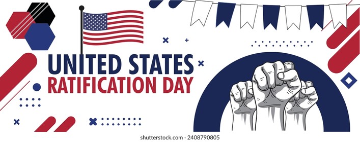 Ratification Day or United States Ratification Day banner with retro abstract geometric shapes, United States flag and map. blue and red colors scheme. Ratification Day. Vector Illustration