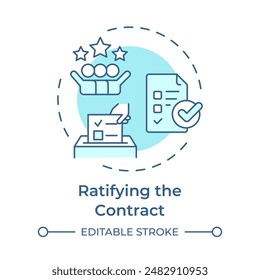 Ratificando el contrato icono de concepto suave azul. Logro de la tarea, lista de tareas. Ilustración de línea de forma redonda. Abstractas idea. Diseño gráfico. Fácil de usar en infografía, presentación