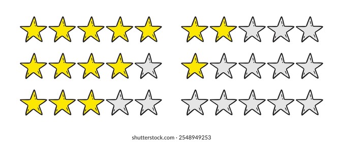 Classificação 1, 2, 3, 4, 5 estrelas doodle icon set. Estrela de ouro um, dois, três, quatro, cinco desenhado à mão ícone definido. classificação de estrelas isoladas variável. Ilustração vetorial