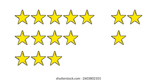Rating 1, 2, 3, 4, 5 stars doodle icon set. Gold star one, two, three, four, five hand drawn icon set. variable isolated stars rating. Vector illustration