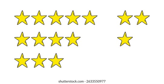 Clasificación 1, 2, 3, 4, 5 estrellas doodle conjunto de iconos. Estrella de oro uno, dos, tres, cuatro, cinco dibujados a mano conjunto de iconos. Ilustración vectorial