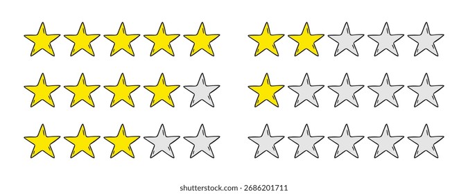 Rating 1, 2, 3, 4, 5 stars doodle icon set. Gold star one, two, three, four, five hand drawn icon set. variable isolated stars rating. Vector illustration