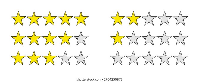Rating 1, 2, 3, 4, 5 stars doodle icon set. Gold star one, two, three, four, five hand drawn icon set. variable isolated stars rating. Vector illustration