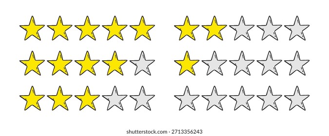 Rating 1, 2, 3, 4, 5 stars doodle icon set. Gold star one, two, three, four, five hand drawn icon set. variable isolated stars rating. Vector illustration