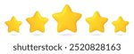 Rating 3d concept. Five yellow stars, realistic render elements. Review and feedback, work or service evaluation, clients star, vector scene