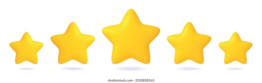 Rating 3d concept. Five yellow stars, realistic render elements. Review and feedback, work or service evaluation, clients star, vector scene