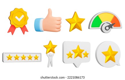 Rating 3d icon set. Feedback. Rank and Score. Giving five stars. Customer Rating, premium quality. Reviews with a positive rating. Isolated icons, objects on a transparent background