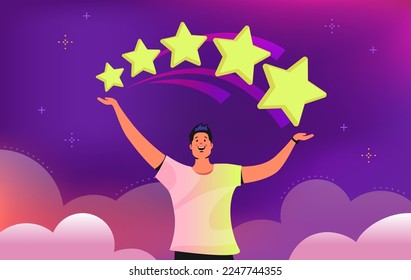 Rating of 5 stars consumer review. Flat vector illustration of smiling man standing alone and pointing to five stars over his head as a positive result. User positive rating or feedback