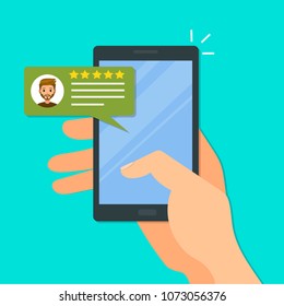 Rating app. Bubble speeches and avatars.  Testimonials, rating, feedback, review. Evaluate the mobile application, services, quality of service. Vector illustrayion in flat style.
