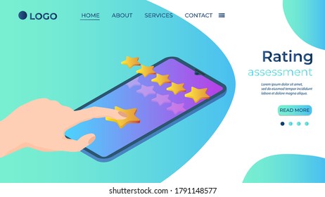Rating assessment for feedback to evaluate services provided using your smartphone. The concept of criticism. Isometric vector illustration landing page template.
