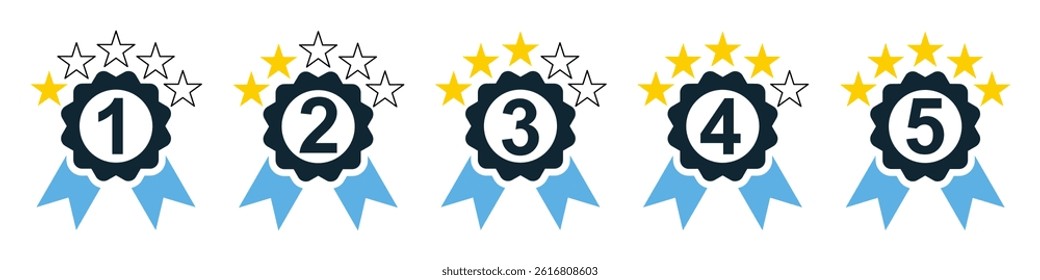 Rating badge icon vector for ranking, evaluation, and review levels using stars and medals. Ideal for product rating systems, customer feedback, and performance comparison illustrations.